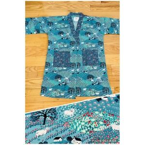 PrintFresh Kimono Robe Sz S/M Organic Cotton Rolling Hills Sheep Missing Belt